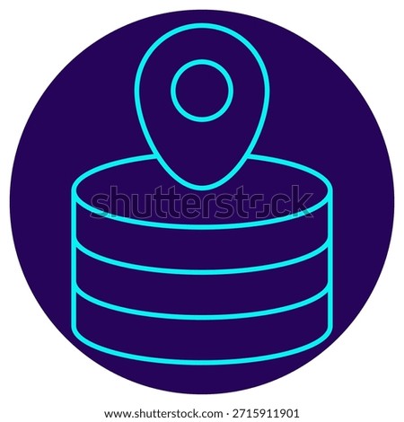 Data Center Icon. Minimalistic neon outline on a dark blue round background. A stylish vector illustration of a server stack (database) with a location pin on top, symbolizing data center facility, server location, data residency, and physical data storage