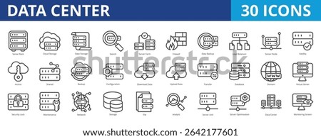 Data center icon pack collection set for infrastructure server and hosting technology. With cloud computing, storage, database, firewall, backup, maintenance, internet, encryption, hosting, access
