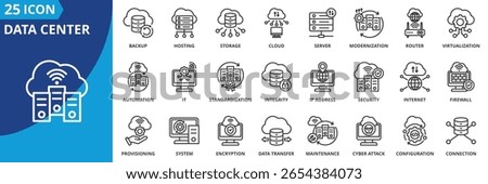 data center icon set collection in outline style. an icon pack contain server, storage, router, cloud, backup, security, cyber, internet, hosting, modernization, virtualization, automation