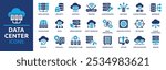 Data center icon set. Containing server, hosting, infrastructure, backup, cloud storage, server rack, virtualization, data processing and bandwidth. Solid vector icons collection.