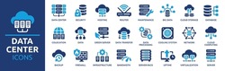 Data center icon set. Containing server, hosting, infrastructure, backup, cloud storage, server rack, virtualization, data processing and bandwidth. Solid vector icons collection.