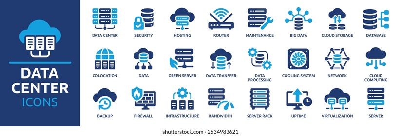 Conjunto de ícones do data center. Contendo servidor, hospedagem, infraestrutura, backup, armazenamento em nuvem, rack de servidor, virtualização, processamento de dados e largura de banda. Coleção de ícones de vetor sólido.