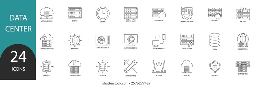 Data center icon set. Containing server, hosting, infrastructure, backup, cloud storage, server rack, virtualization, data processing and bandwidth. Outline Symbol Collection.