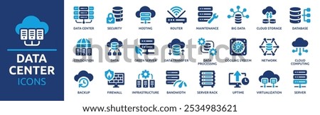 Data center icon set. Containing server, hosting, infrastructure, backup, cloud storage, server rack, virtualization, data processing and bandwidth. Solid vector icons collection.