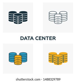 Data Center icon set. Four elements in diferent styles from big data icons collection. Creative data center icons filled, outline, colored and flat symbols.