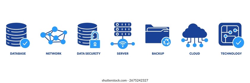 Concepto de ilustración de conjunto de iconos de centro de datos con icono de base de datos, red, seguridad de datos, servidor, copia de seguridad, nube, tecnología