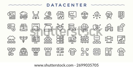 Data Center icon set. Pictograms of analytics, cloud data, hosting, storage, host, computing and more. Set of line pictogram. Vector illustration in modern line style. Data Center modern icon set.