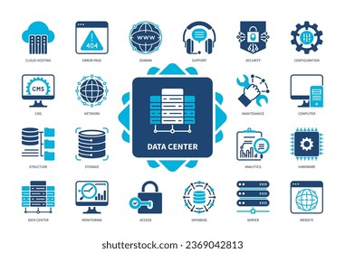 Data Center icon set. Server, Storage, Maintenance, Security, Configuration, Monitoring, Network, Software. Duotone color solid icons