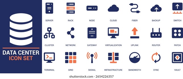 Data center icon set with server, rack, cloud, fiber, gateway, virtualization, uplink, router, terminal, bandwidth, patch, sync, and vault.

