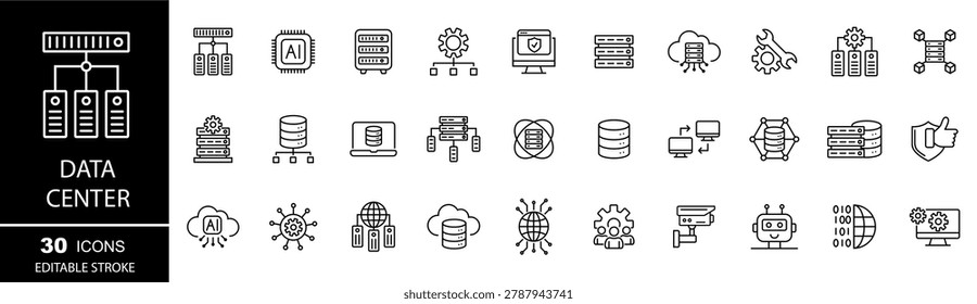 Data center icon set. Server, hosting, infrastructure, cloud storage, server rack, virtualization, data processing . Vector illustration	
