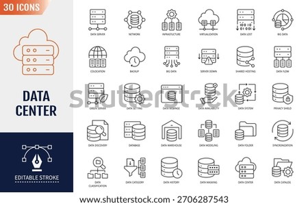 Data Center icon set. Server, hosting, cloud computing, security, internet, computer, data processing, and more. Editable stroke. Vector illustration