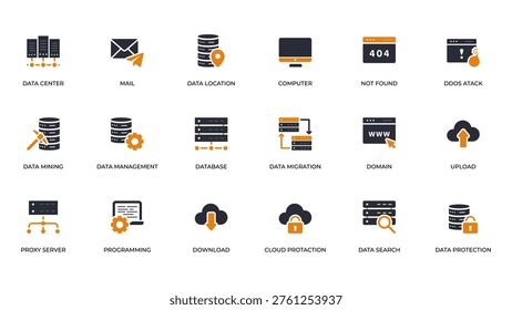 Data center icon set showing server racks, databases, cloud sync, network nodes, security shields and backup drives, flat minimal style with highcontrast palette, scalable symbols representing