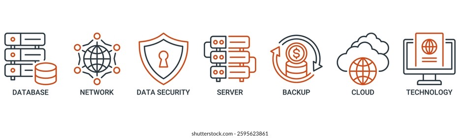 Data center icon set. Vector illustration concept with icon of database, network, data security, server, backup, cloud and technology icons. Outline vector symbol background.