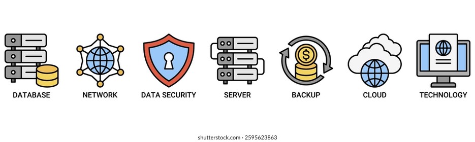 Data center icon set. Vector illustration concept with icon of database, network, data security, server, backup, cloud and technology icons. Outline color vector symbol background.