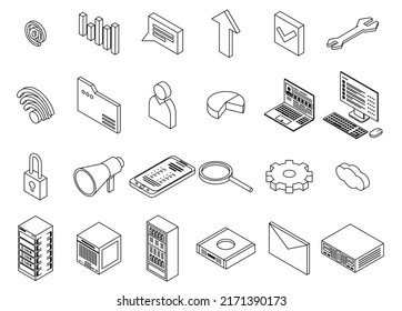 Data center icons set. Isometric set of data center vector icons outline isolated on white background