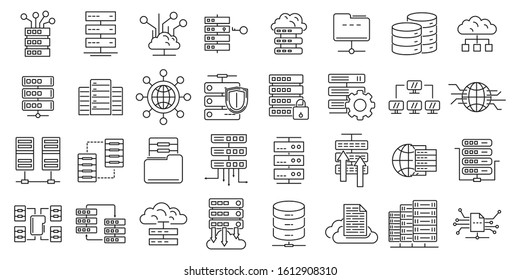 Conjunto de iconos del centro de datos. Conjunto de esquemas de iconos vectoriales del centro de datos para el diseño web aislado en fondo blanco