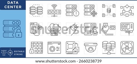 Data Center icons set. Server rack, Cooling Fan, network switch, fiber optic cable, firewall, cloud connected, control panel, data backup, and many more. Vector editable stroke.