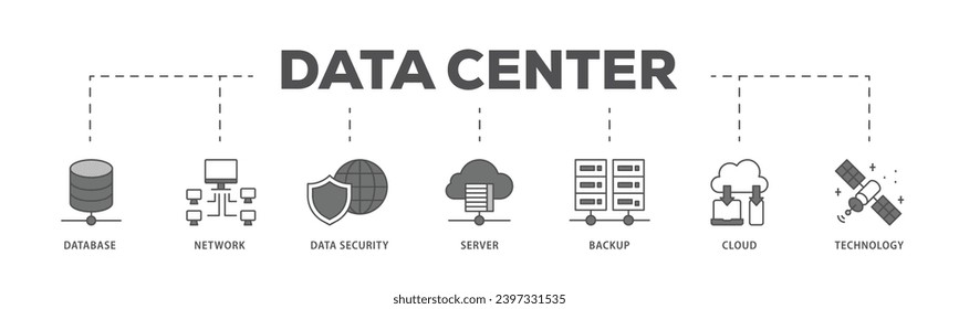 Proceso de flujo de iconos de infografía del centro de datos que consiste en base de datos, red, seguridad de datos, servidor, backup, nube y tecnología de icono en directo y fácil de editar