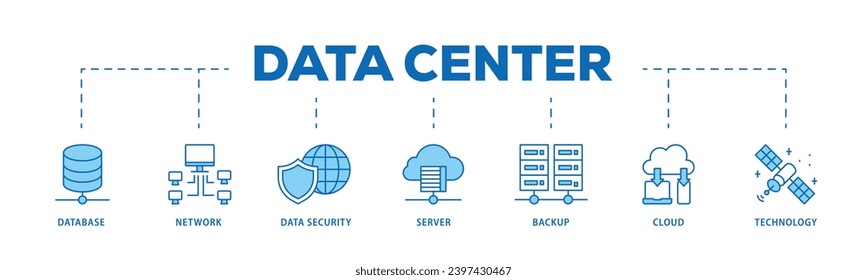 Data center infographic icon flow process which consists of database, network, data security, server, backup, cloud and technology icon live stroke and easy to edit