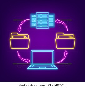 Información del centro de datos en forma de caricatura. Vector isométrico. Sistema de base de datos. Icono de Neon