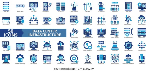 data center infrastructure icon set flat style illustration. containing server room, facility design, firewall protection, hardware maintenance, security camera, system upgrade, disaster recovery