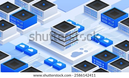 Data center infrastructure with interconnected servers, cloud computing, and virtual networks. Vector isometric illustration for advanced IT systems, big data, and cloud storage.