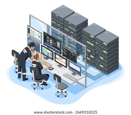 Data Center Infrastructure Management DCIM with engineers monitoring servers and analyzing system performance in a secure control room environment isometric