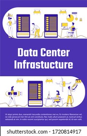 Data center infrastructure poster flat silhouette vector template. Server upkeep brochure, booklet one page concept design with cartoon characters. System administration flyer, leaflet with text space