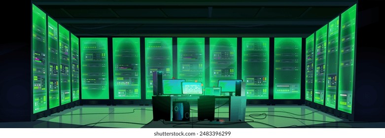 Data center interior with green glow supercomputer and control panel in center. Cartoon vector illustration of server room for ai generator and database network system service. Datacenter technology.