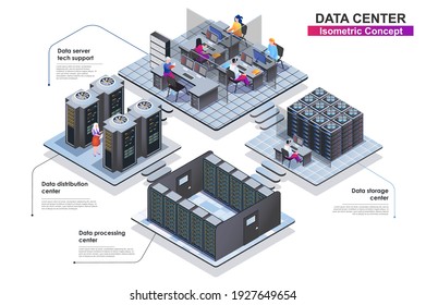 Data center interior isometric concept. Scenes of people characters working in departments: server tech support, storage, distribution or processing centers. Vector flat illustration in 3d design.