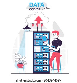 Concepto de dibujos animados aislados en centros de datos. Trabajo de ingenieros en la sala de rack de servidores, escena de personas de tecnología en la nube en diseño plano. Ilustración vectorial para blogs, sitio web, aplicación móvil, materiales promocionales.