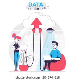 Data center isolated cartoon concept. Users connection to cloud storage and use databases people scene in flat design. Vector illustration for blogging, website, mobile app, promotional materials.