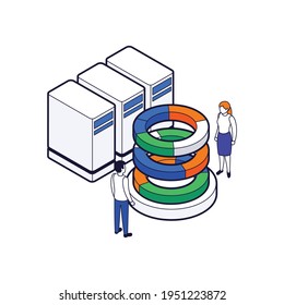 Data center isometric colorful icon with server and human characters vector illustration