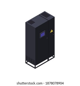 Data center isometric composition with dark rack with screens and high voltage sign vector illustration