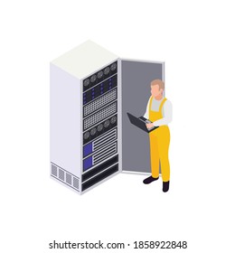 Data center isometric composition with human character with laptop near server rack vector illustration