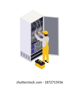 Data center isometric composition with technician holding wires inside server rack vector illustration