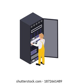 Data center isometric composition with worker into server rack on blank background vector illustration