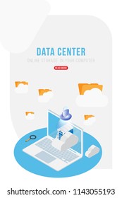 Data Center Isometric concept with online file storage, clouds and laptop. Flat 3d illustration EPS10.