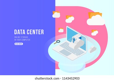 Data Center Isometric concept with online file storage, clouds and laptop. Flat 3d illustration EPS10.