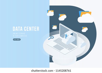 Data Center Isometric concept with online file storage, clouds and laptop. Flat 3d illustration EPS10.