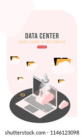 Data Center Isometric concept with online file storage, clouds and laptop. Flat 3d illustration EPS10.