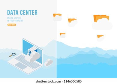 Data Center Isometric concept with online file storage, clouds and laptop. Flat 3d illustration EPS10.