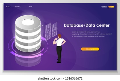 Data Center Isometric, Database And Cloud Data Storage Concept, Server Room, Cloud Computing, Vector Illustration.