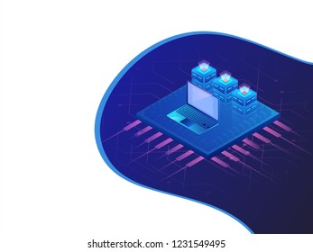 Data center isometric design, 3d web servers connected to laptop with processor chip on abstract background.