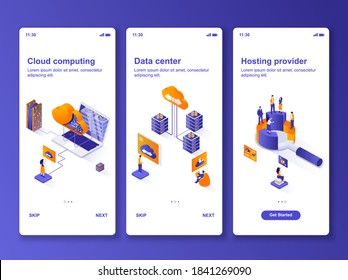 Data center isometric GUI design kit. Cloud computing, hosting provider services templates for mobile app. Data processing UI UX onboarding screens. Vector illustration with tiny people characters.