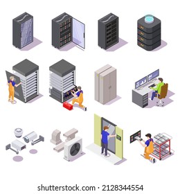 Data center isometric icon set, flat vector isolated illustration. Computer network equipment and staff. Server racks, operator, technician, engineer characters.