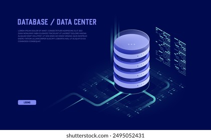 Data Center Isometric Icons: 3D Vector Illustration of Cloud Storage, Server Rooms, and Information Accumulation