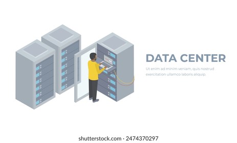 Data center isometric illustration. Data center worker with servers. Data storage concept.