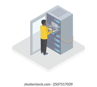 Data center isometric illustration. Data center worker with servers. Data storage concept.