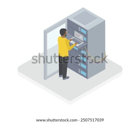 Data center isometric illustration. Data center worker with servers. Data storage concept.